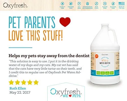 Oxyfresh Premium Pet Dental Care Solution: la mejor manera de eliminar el mal aliento de perro y el aliento de gato – lucha contra el tártaro, la placa y la enfermedad de las encías. - ¡Tan fácil, sólo tienes que añadir al agua! Recomendado por Vet.