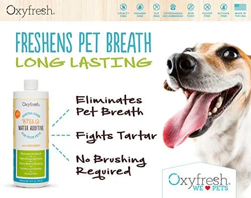 Oxyfresh Premium Pet Dental Care Solution: la mejor manera de eliminar el mal aliento de perro y el aliento de gato – lucha contra el tártaro, la placa y la enfermedad de las encías. - ¡Tan fácil, sólo tienes que añadir al agua! Recomendado por Vet.