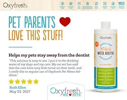 Oxyfresh Premium Pet Dental Care Solution: la mejor manera de eliminar el mal aliento de perro y el aliento de gato – lucha contra el tártaro, la placa y la enfermedad de las encías. - ¡Tan fácil, sólo tienes que añadir al agua! Recomendado por Vet.