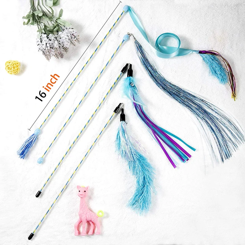 D.Home Cat Feather Toys,Interactive Kitten Cat Wand Toy Cat Hunting Fishing Rod with Bell-Pack of 4