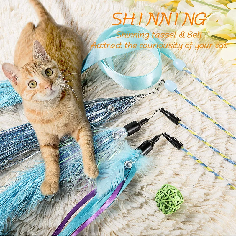 D.Home Cat Feather Toys,Interactive Kitten Cat Wand Toy Cat Hunting Fishing Rod with Bell-Pack of 4