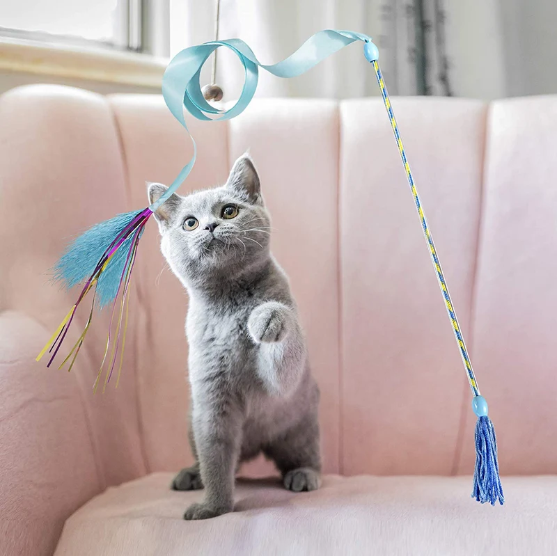 D.Home Cat Feather Toys,Interactive Kitten Cat Wand Toy Cat Hunting Fishing Rod with Bell-Pack of 4