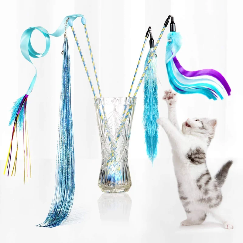 D.Home Cat Feather Toys,Interactive Kitten Cat Wand Toy Cat Hunting Fishing Rod with Bell-Pack of 4