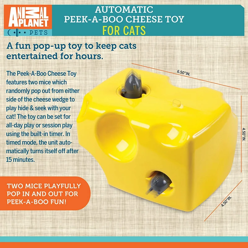 Animal Planet automático Peek A Boo – Queso juguete para gatos, características integrado función de apagado automático, Pop fuera ratones para horas de entretenimiento, jugar todo el día modo de W/de distancia, funciona con pilas