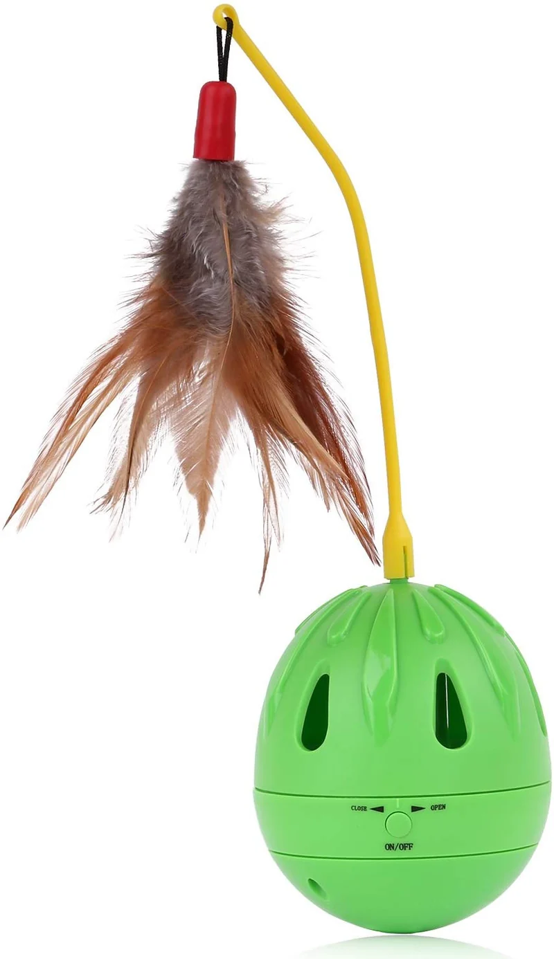 PAWABOO – Juguete para mascotas, jarrón interactivo, jarrón de pelota, para gatos, juguetes, plumas, whirl con contenedor para gatos, verde y amarillo
