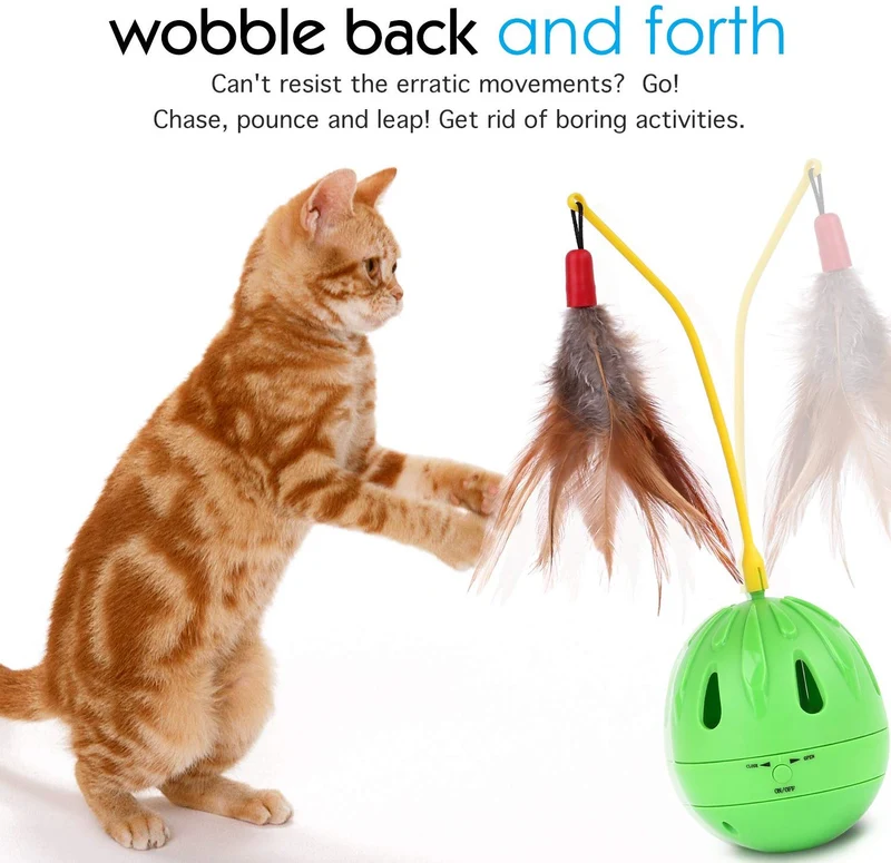 PAWABOO – Juguete para mascotas, jarrón interactivo, jarrón de pelota, para gatos, juguetes, plumas, whirl con contenedor para gatos, verde y amarillo