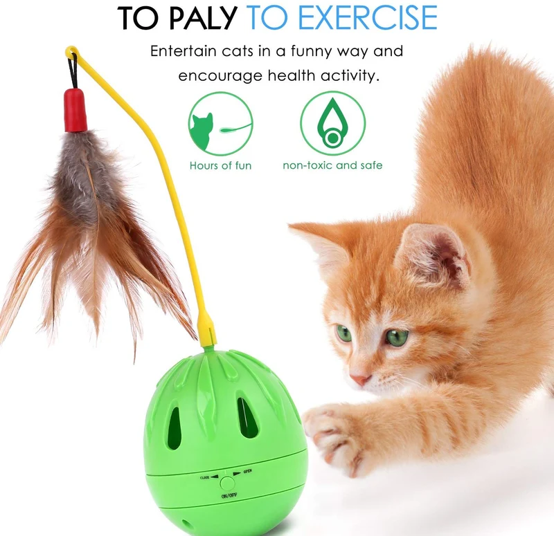 PAWABOO – Juguete para mascotas, jarrón interactivo, jarrón de pelota, para gatos, juguetes, plumas, whirl con contenedor para gatos, verde y amarillo