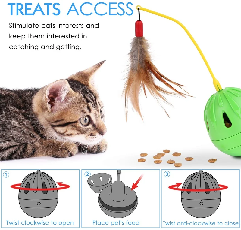 PAWABOO – Juguete para mascotas, jarrón interactivo, jarrón de pelota, para gatos, juguetes, plumas, whirl con contenedor para gatos, verde y amarillo