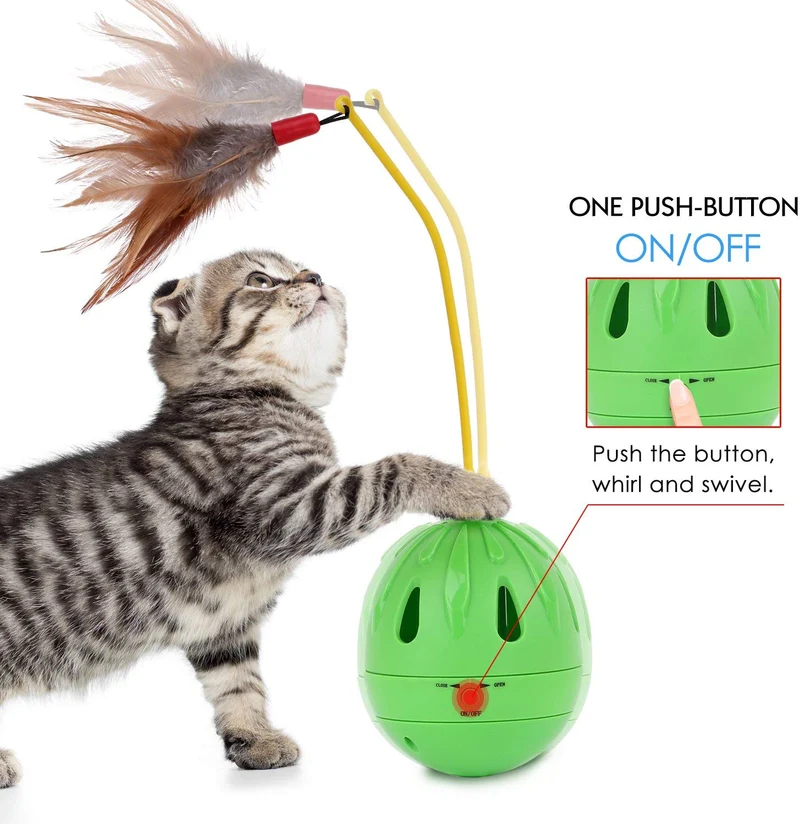 PAWABOO – Juguete para mascotas, jarrón interactivo, jarrón de pelota, para gatos, juguetes, plumas, whirl con contenedor para gatos, verde y amarillo