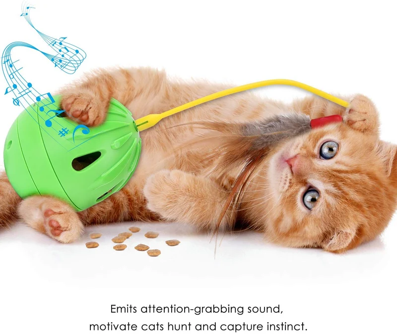 PAWABOO – Juguete para mascotas, jarrón interactivo, jarrón de pelota, para gatos, juguetes, plumas, whirl con contenedor para gatos, verde y amarillo