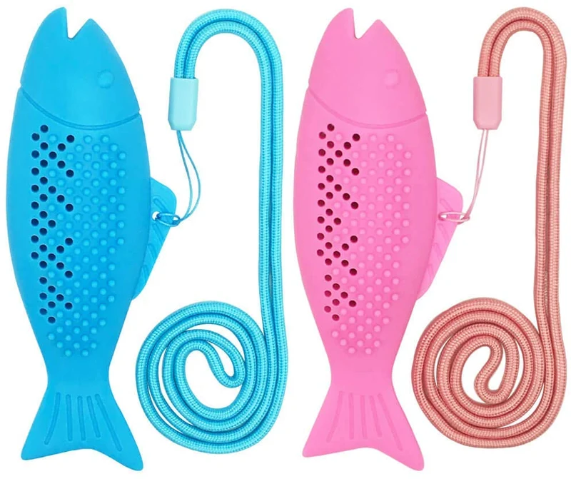 ShenVenga Catnip Juguetes para gatos interactivos cepillo de dientes recargable – Pez reutilizable de silicona gato auto limpieza juguete (azul y rosa)