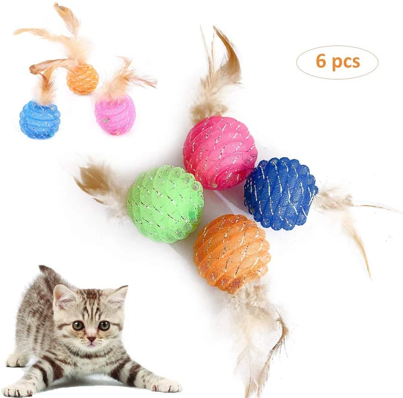 ISMARTEN Juguetes interactivos para gatos con pluma, 4 colores, bolas de plástico para gatos con campanas para gatos y mascotas, paquete de 6