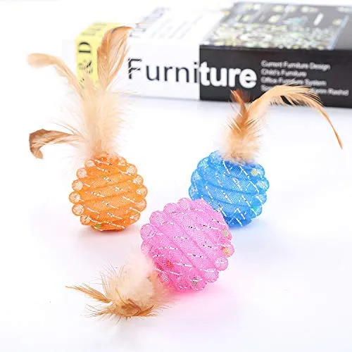 ISMARTEN Juguetes interactivos para gatos con pluma, 4 colores, bolas de plástico para gatos con campanas para gatos y mascotas, paquete de 6