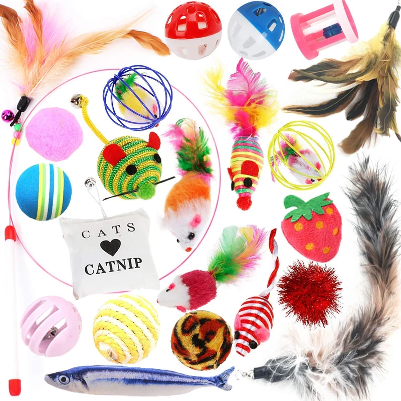 Legendog juego de juguetes para gatos, 22 unidades, surtido de juguetes para gatos, colección de juguetes para gatos, paquete variado, incluye varita de plumas de gato, juguete para gatos, ratones, bolas de colores, campanas y así sucesivamente para gatos