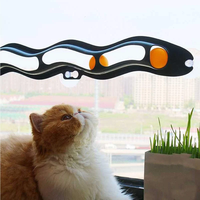 SRHOME - Juego de pelotas de gato con pista para ventanas, pista de pelota para gatito interactivo, juegos de puzle y pista de carreras, divertido montaje DIY para tu gato favorito
