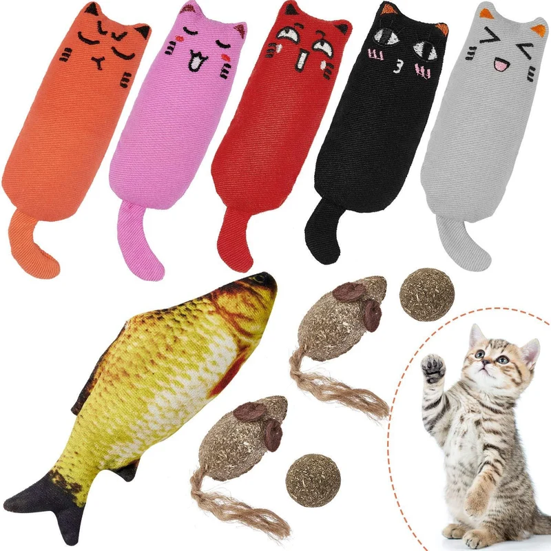 10 Pieces Cat Catnip Toys for Cat Playing Chewing Teeth Cleaning, 5 Pieces Cute Face Pillow, 1 Pack Catnip Fish, 2 Packs Catnip Mouse Toy, 2 Packs Catnip Ball Cleaning Teeth Molar Tools