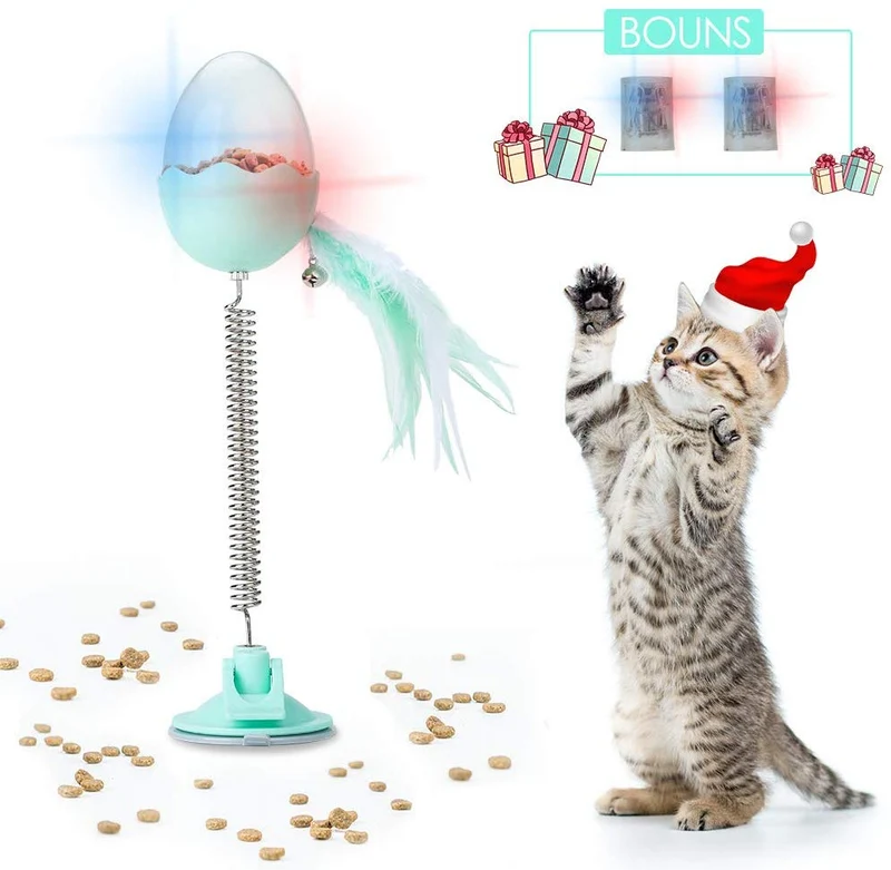 Delomo - Dispensador de comida para gatos, juguete interactivo inteligente con luz LED, juguete alimentador de gatos con campana de plumas, alimentador de juguetes IQ para gatos