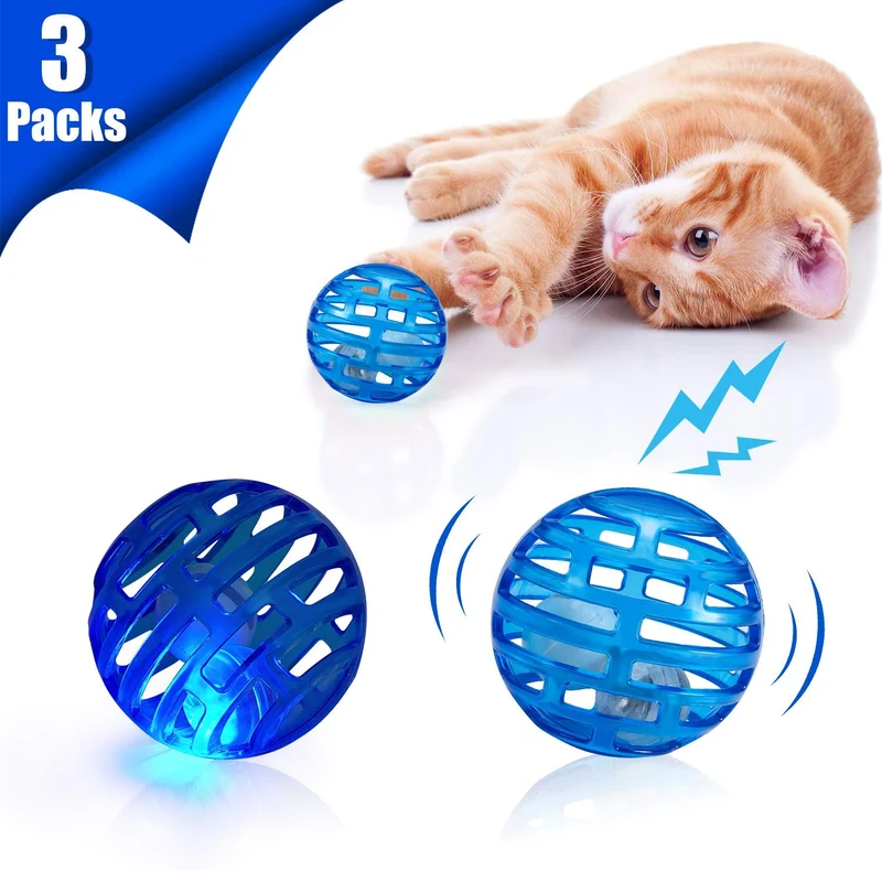 Gejoy - Juego de 3 pelotas de gato con luz intermitente y campana eléctrica interactiva, para exteriores, divertido, gato, gatito, movimiento, juguetes