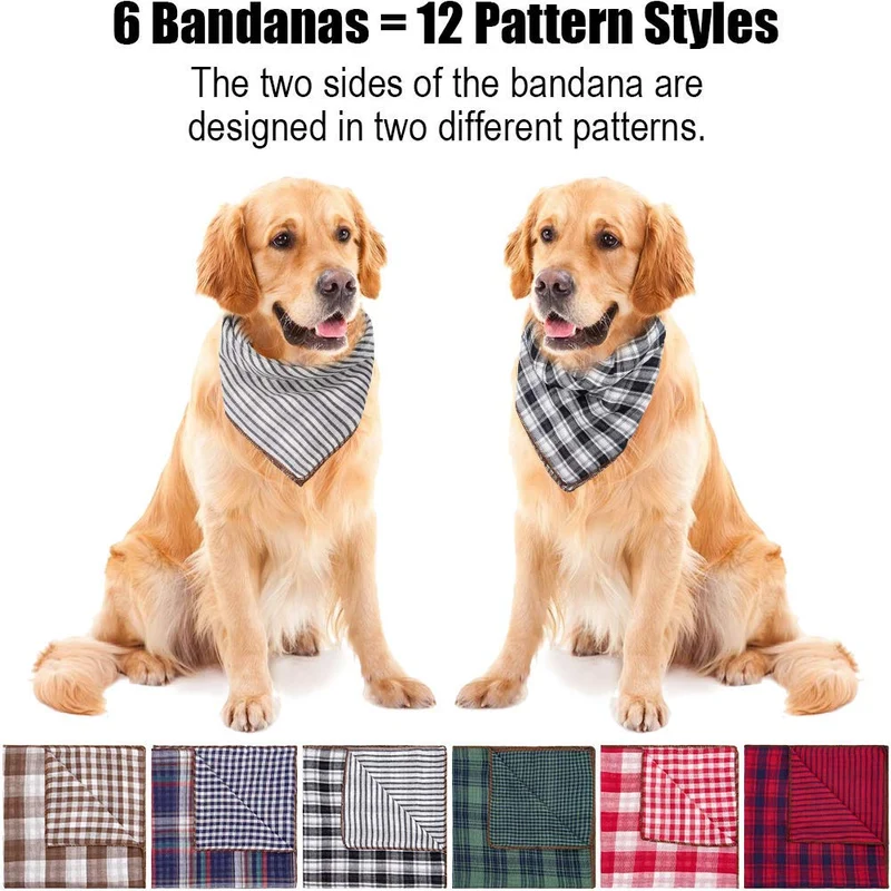 Bandanas para perro, 6 unidades, lavables, para Año Nuevo, Verde, Negro, Marrón, Azul, Rojo, diseño de cuadros, doble pañuelo reversible, accesorios ajustables para perros pequeños a grandes