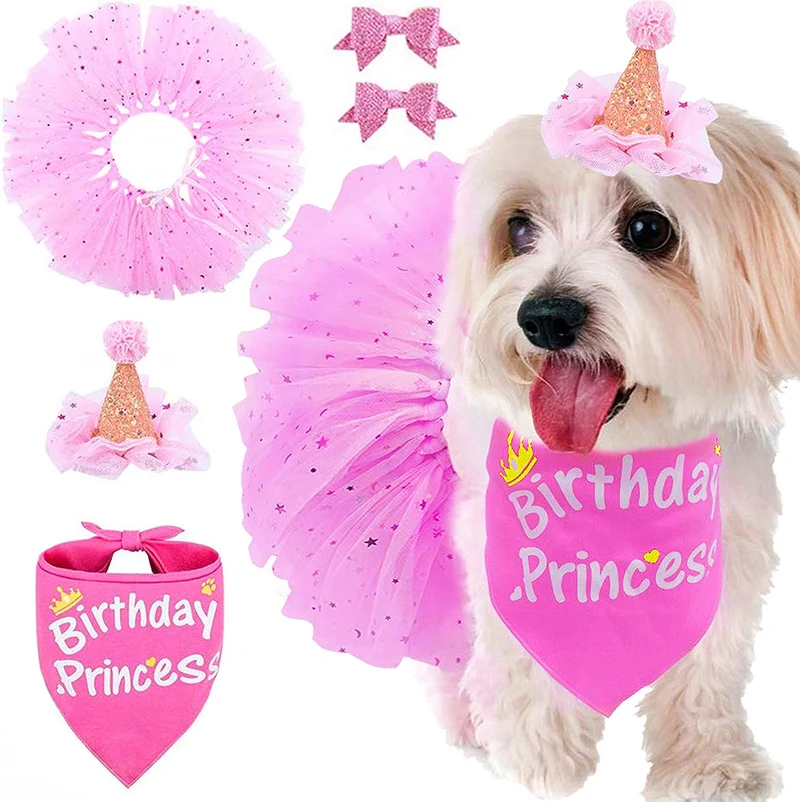 Bandana de cumpleaños para perro, de Escenereal, suministros para fiestas de cumpleaños, falda tutú, bufanda y collar, para mascotas, cachorros, gatos, niñas, color rosa, para fiesta de cumpleaños