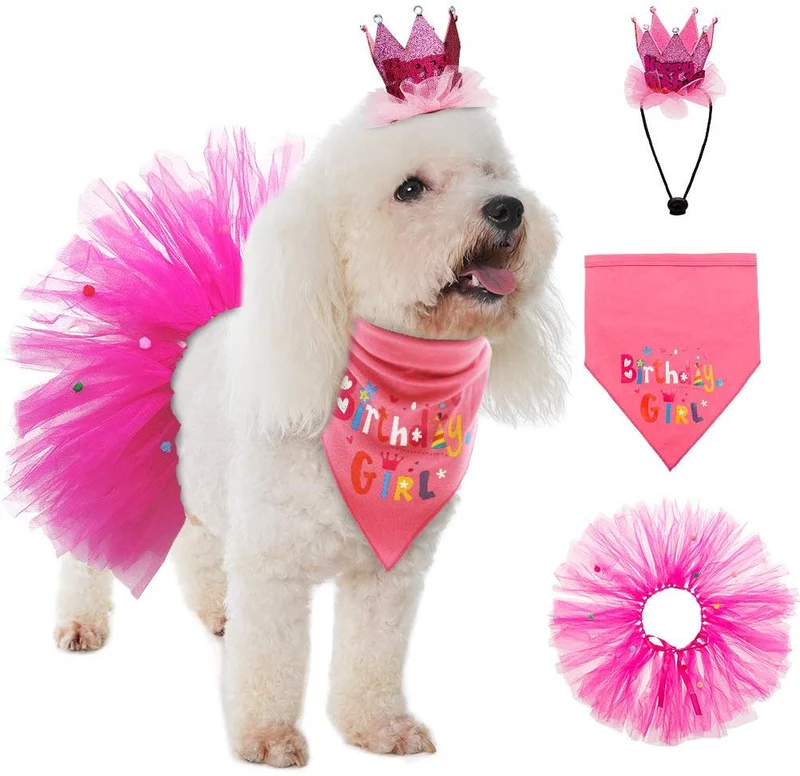 Bandana de cumpleaños para perro, de Escenereal, suministros para fiestas de cumpleaños, falda tutú, bufanda y collar, para mascotas, cachorros, gatos, niñas, color rosa, para fiesta de cumpleaños