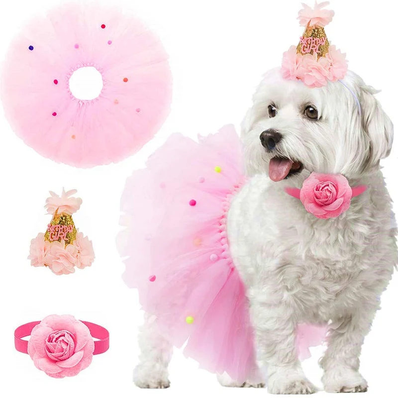Bandana de cumpleaños para perro, de Escenereal, suministros para fiestas de cumpleaños, falda tutú, bufanda y collar, para mascotas, cachorros, gatos, niñas, color rosa, para fiesta de cumpleaños