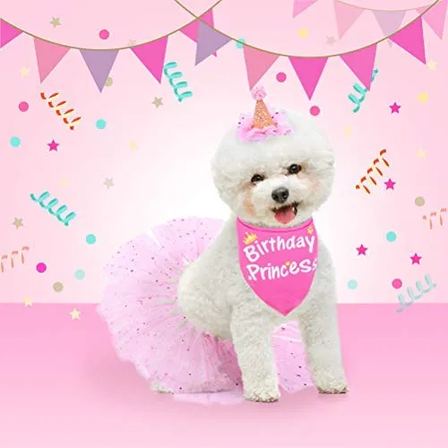 Bandana de cumpleaños para perro, de Escenereal, suministros para fiestas de cumpleaños, falda tutú, bufanda y collar, para mascotas, cachorros, gatos, niñas, color rosa, para fiesta de cumpleaños