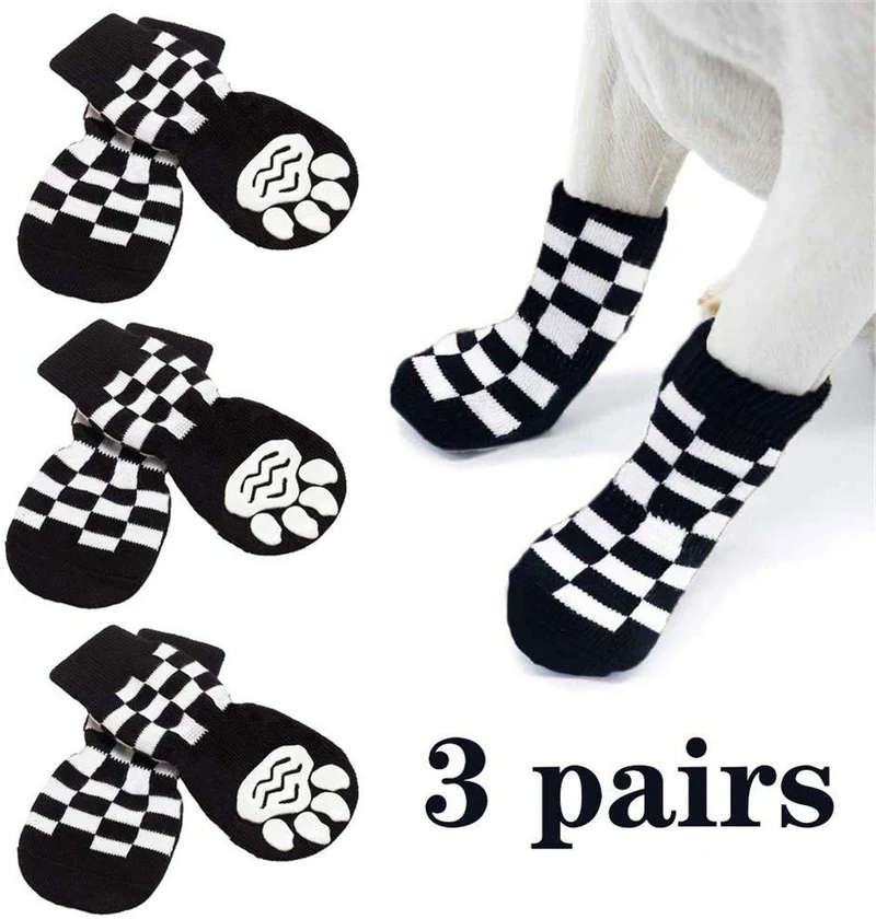 SCENEREAL - Calcetines antideslizantes para perro con correas para control de tracción (3 pares, protector de pata a cuadros, para interior de piso, diseño antideslizante para perros pequeños y medianos, gatos, cachorros