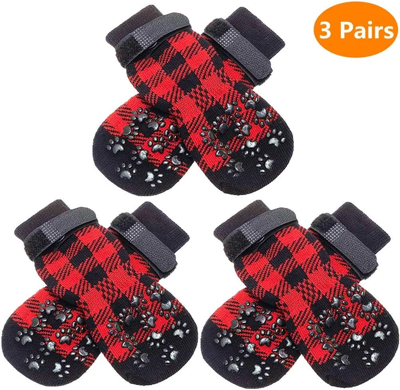 SCENEREAL - Calcetines antideslizantes para perro con correas para control de tracción (3 pares, protector de pata a cuadros, para interior de piso, diseño antideslizante para perros pequeños y medianos, gatos, cachorros