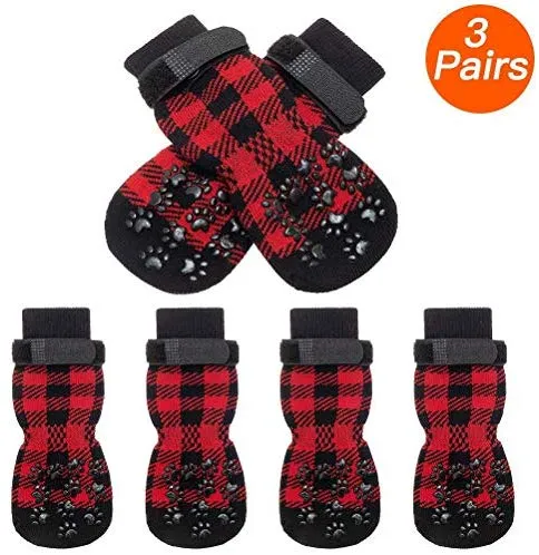 SCENEREAL - Calcetines antideslizantes para perro con correas para control de tracción (3 pares, protector de pata a cuadros, para interior de piso, diseño antideslizante para perros pequeños y medianos, gatos, cachorros