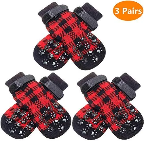 SCENEREAL - Calcetines antideslizantes para perro con correas para control de tracción (3 pares, protector de pata a cuadros, para interior de piso, diseño antideslizante para perros pequeños y medianos, gatos, cachorros