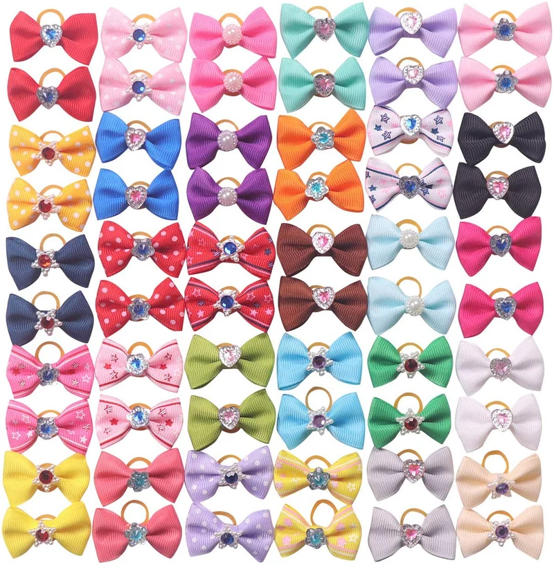 YAKA 60 lazos para el pelo (30 parisinos) para cachorros pequeños, con bandas de goma (o clips), accesorios para el pelo hechos a mano, arco, productos para el cuidado de mascotas (60 unidades, bonitos patrones)