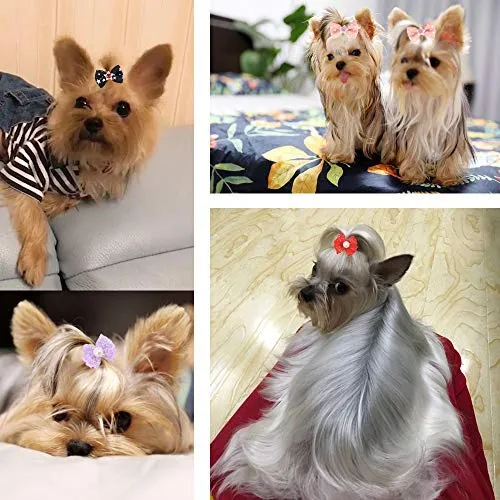 Comsmart 60 lazos para perro, 30 pares de lazos para el pelo de perro Yorkie con bandas de goma y perlas de diamantes de imitación y tela de encaje hecha a mano, lindos accesorios para el aseo de mascotas pequeñas