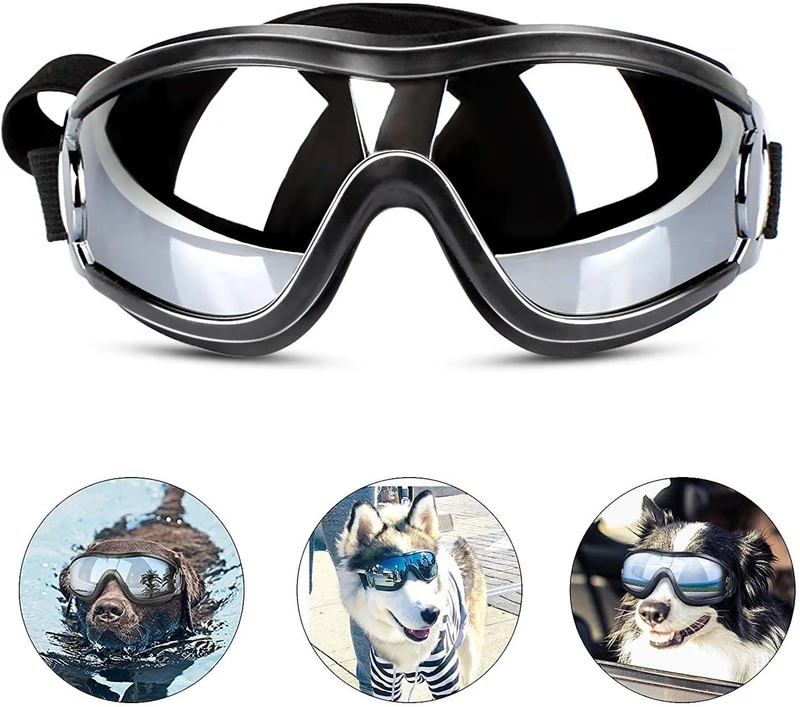 PEDOMUS - Gafas de sol para perro, correa ajustable para viajes, esquí y antiempañamiento para mascotas, tamaño mediano a grande, color negro
