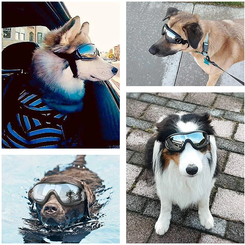 PEDOMUS - Gafas de sol para perro, correa ajustable para viajes, esquí y antiempañamiento para mascotas, tamaño mediano a grande, color negro