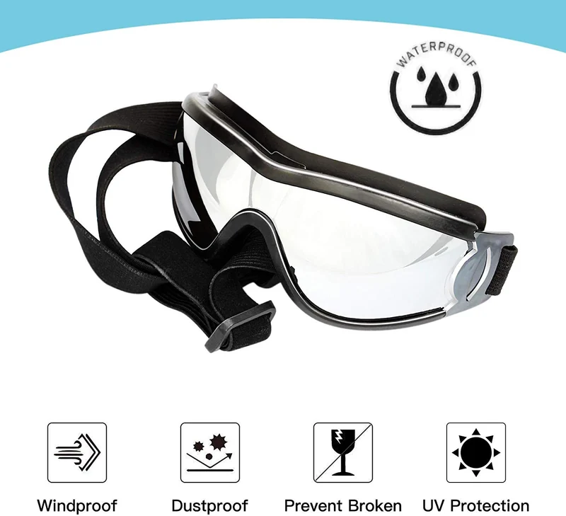 PEDOMUS - Gafas de sol para perro, correa ajustable para viajes, esquí y antiempañamiento para mascotas, tamaño mediano a grande, color negro