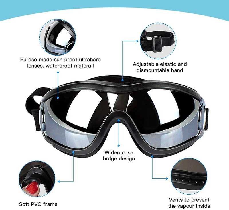 PEDOMUS - Gafas de sol para perro, correa ajustable para viajes, esquí y antiempañamiento para mascotas, tamaño mediano a grande, color negro
