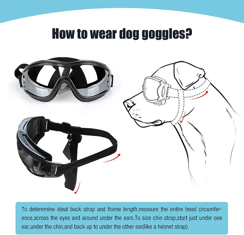 PEDOMUS - Gafas de sol para perro, correa ajustable para viajes, esquí y antiempañamiento para mascotas, tamaño mediano a grande, color negro