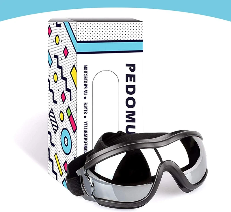 PEDOMUS - Gafas de sol para perro, correa ajustable para viajes, esquí y antiempañamiento para mascotas, tamaño mediano a grande, color negro