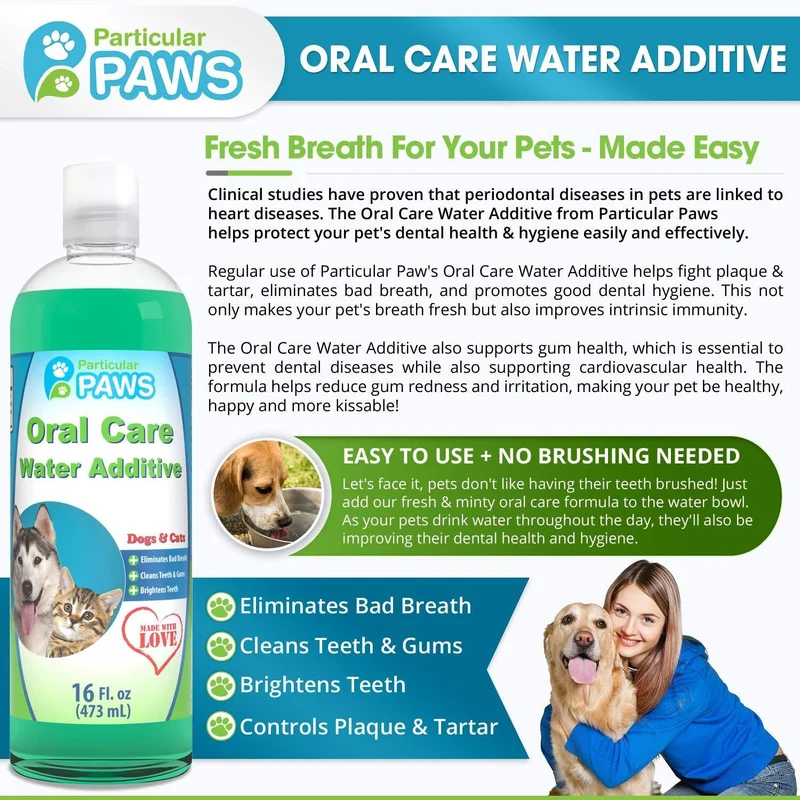 Aditivo para el agua de gatos y perros para aliento fresco, para limpiar los dientes, encías sanas y cuidado oral, 16 onzas