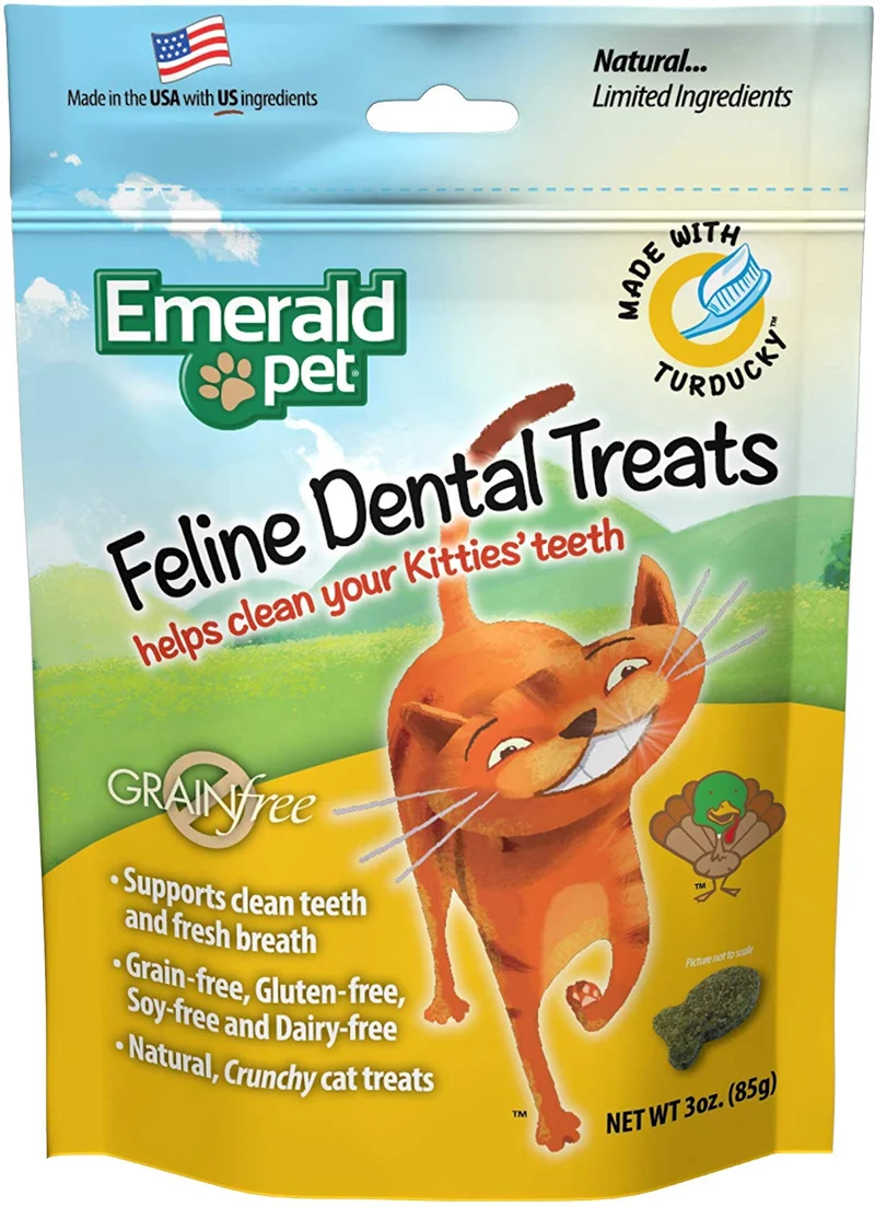 Emerald Pet - Feline Dental Treats, Dental Stick, Cat Chews para limpieza de dientes, refresca la respiración, reduce la placa y el sarro, sin granos (línea Dental Treat, 3 onzas), Turducky