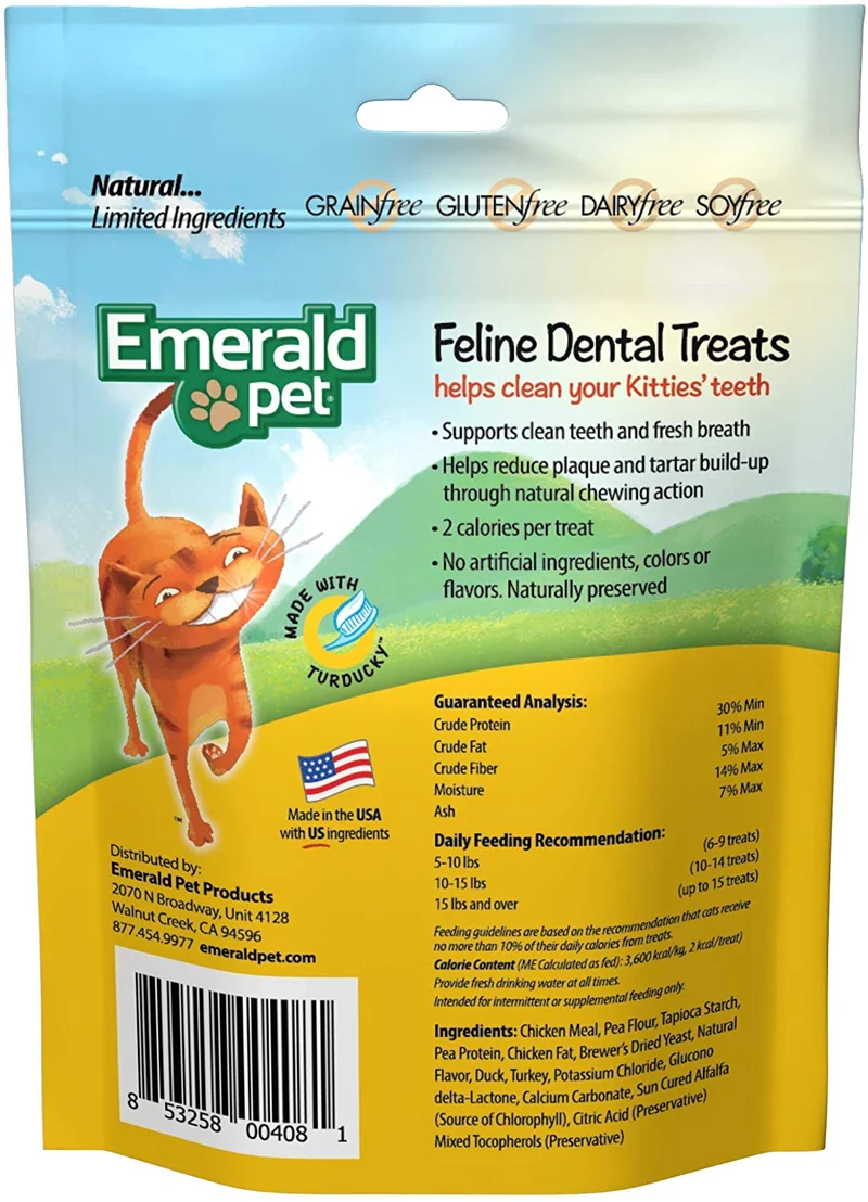 Emerald Pet - Feline Dental Treats, Dental Stick, Cat Chews para limpieza de dientes, refresca la respiración, reduce la placa y el sarro, sin granos (línea Dental Treat, 3 onzas), Turducky