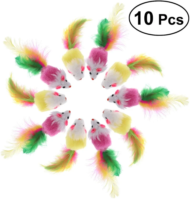 ueetek 10 pcs Pet peludos juguetes ratones Cat Toy Mouse Cat Catcher con colas de pluma (Color al azar)