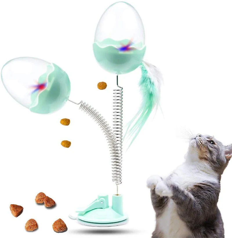 LECHONG Juguetes interactivos para gatos, juguetes de plumas para gatos, pelota para gatos, juguete para dispensar puzles con resorte flexible y potente succión