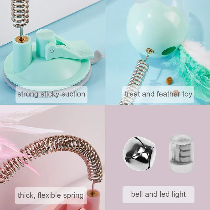 LECHONG Juguetes interactivos para gatos, juguetes de plumas para gatos, pelota para gatos, juguete para dispensar puzles con resorte flexible y potente succión