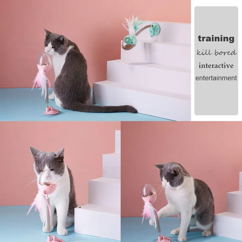 LECHONG Juguetes interactivos para gatos, juguetes de plumas para gatos, pelota para gatos, juguete para dispensar puzles con resorte flexible y potente succión