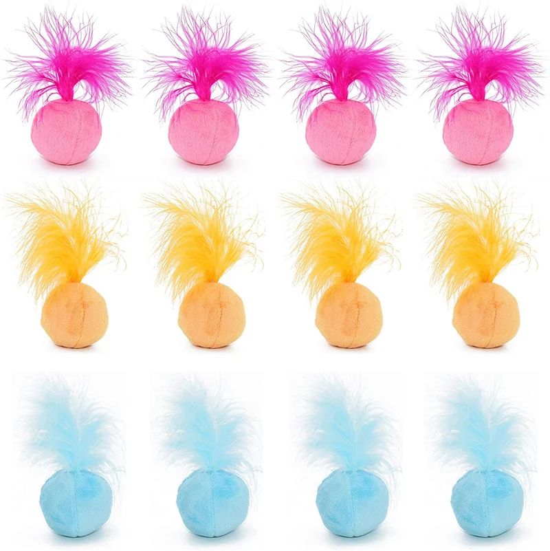 petfavorites Furry Sonajero Pelota gato juguete con Plumas y Catnip – La mejor interactivo Pom Pom bolas para gatos, suave/ligero/2 inch, Bulk Pack.