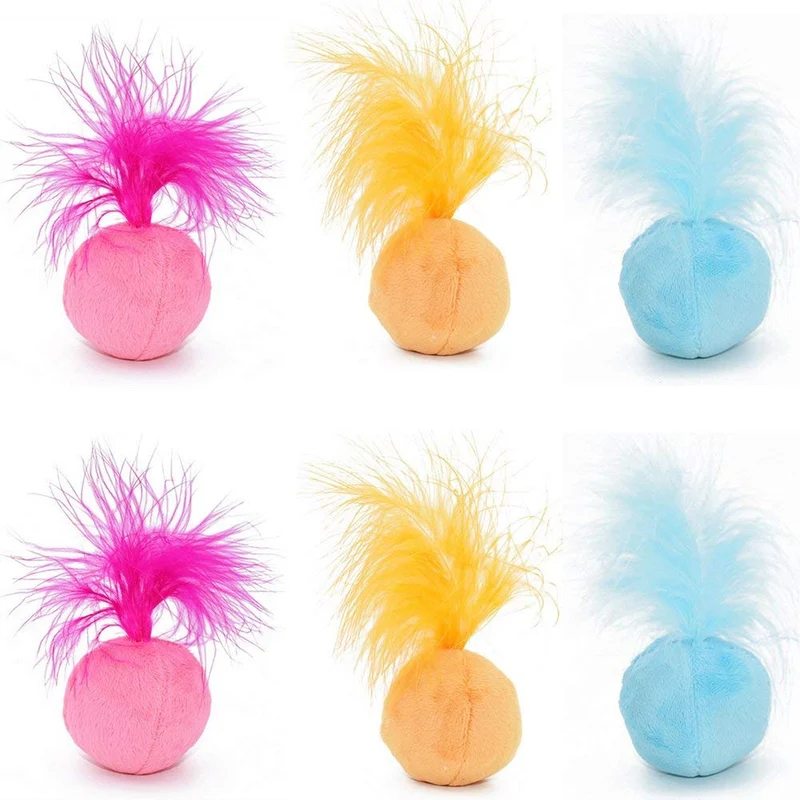 petfavorites Furry Sonajero Pelota gato juguete con Plumas y Catnip – La mejor interactivo Pom Pom bolas para gatos, suave/ligero/2 inch, Bulk Pack.