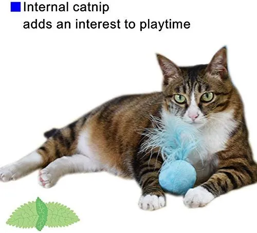 petfavorites Furry Sonajero Pelota gato juguete con Plumas y Catnip – La mejor interactivo Pom Pom bolas para gatos, suave/ligero/2 inch, Bulk Pack.