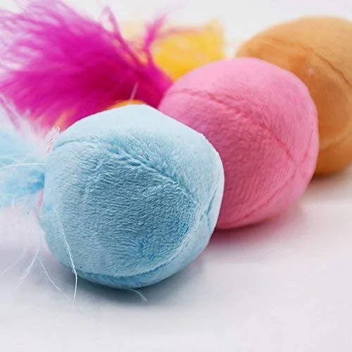 petfavorites Furry Sonajero Pelota gato juguete con Plumas y Catnip – La mejor interactivo Pom Pom bolas para gatos, suave/ligero/2 inch, Bulk Pack.